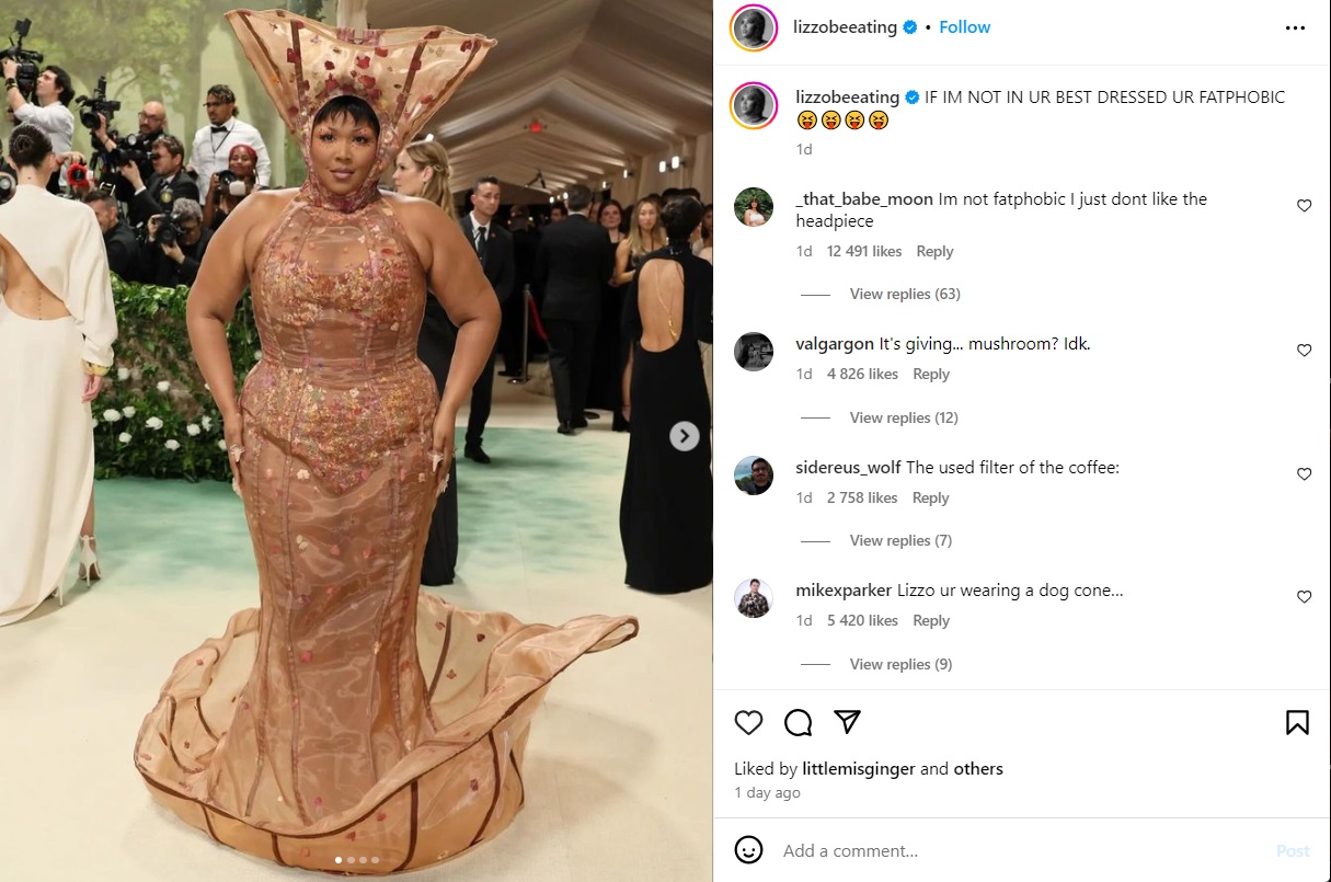 Лиззо назвала всех, кому не понравилось ее платье на Met Gala 2024, одним  словом