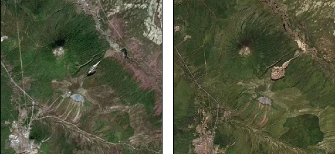 Спутниковые снимки НАСА расширения кратера Батагайка в 1999 году (слева) и 2016 году (справа)