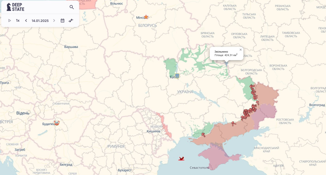 Завершення війни, окуповані території, 15 січня, карта