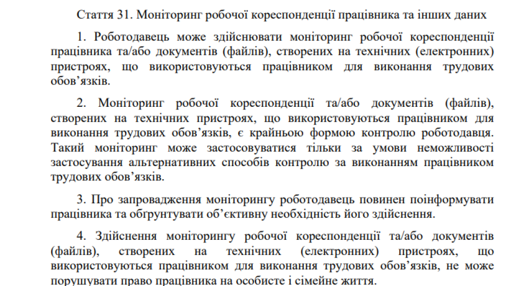 Стаття 31 проєкту Трудового кодексу про перевірку переписок