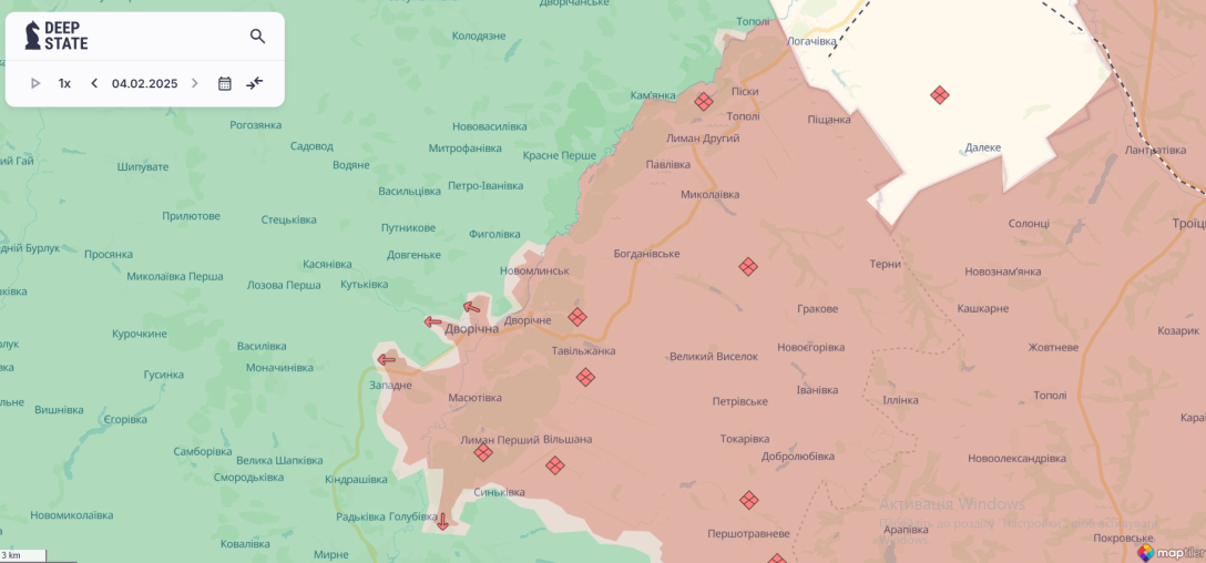 Мапа бойових дій поблизу Кіндрашівки, Тополів та Западного