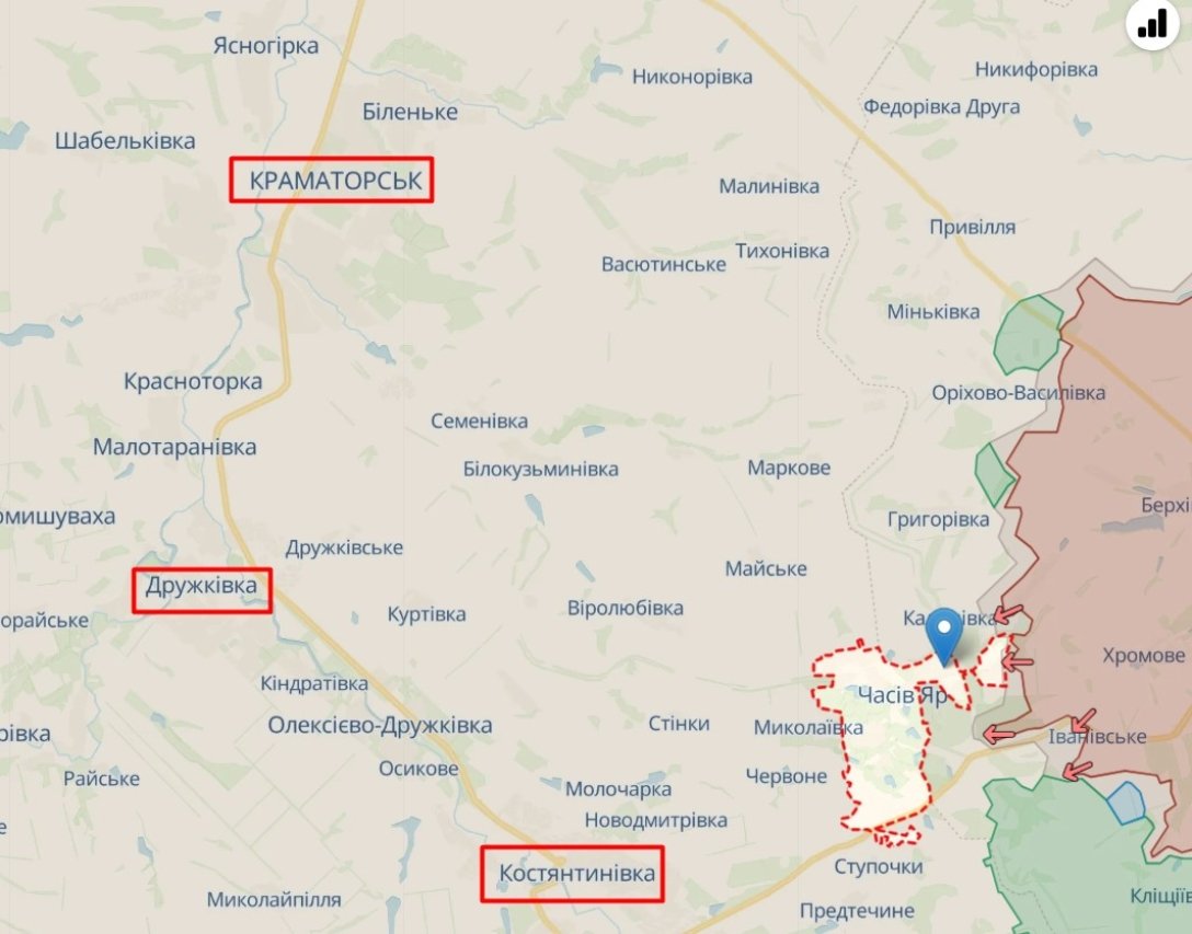 Бої на Донбасі, Часів Яр, бої Донецька область, наступ ЗС РФ,  карта 23 квітня
