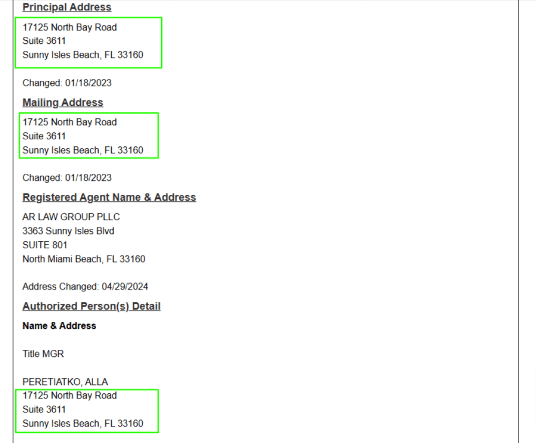 Скриншот из реестра юридических лиц штата Флорида, США