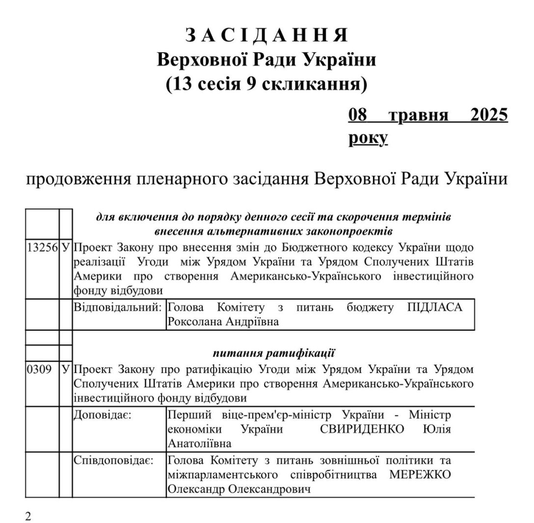Соглашение о недрах, законопроект о ратификации, Ратификация соглашения с США, совет, Железняк, 8 мая