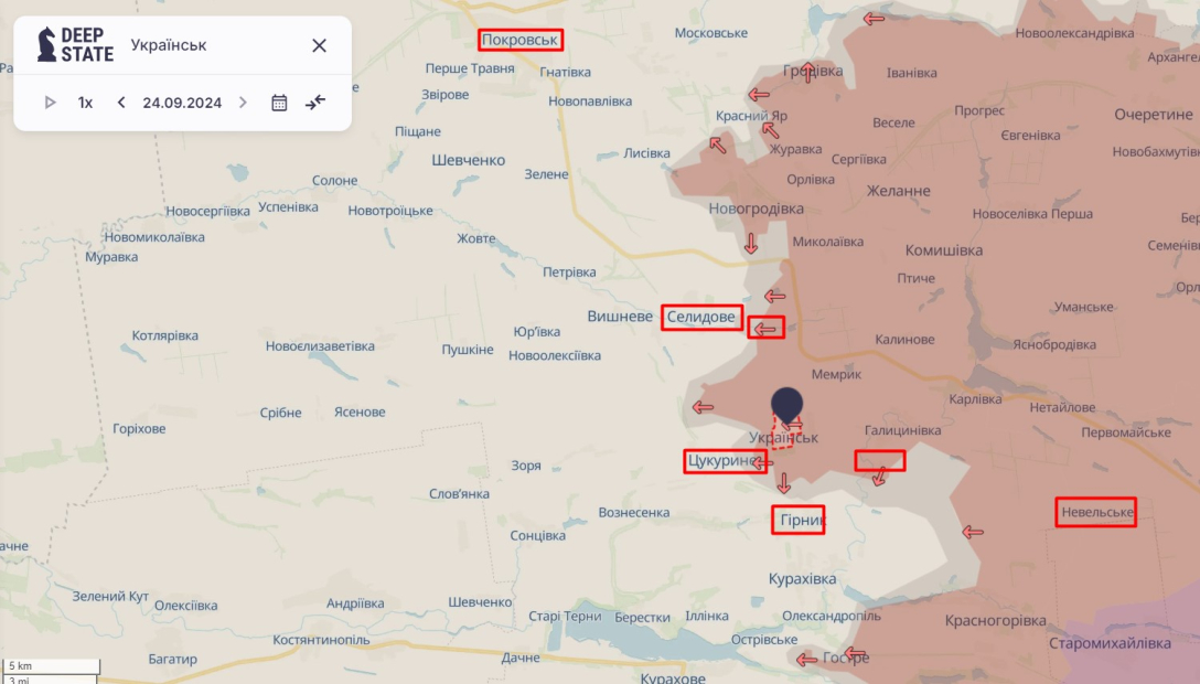 Бої на Донбасі, 24 вересня, DeepState, Селидове, Покровськ, Українськ, карта