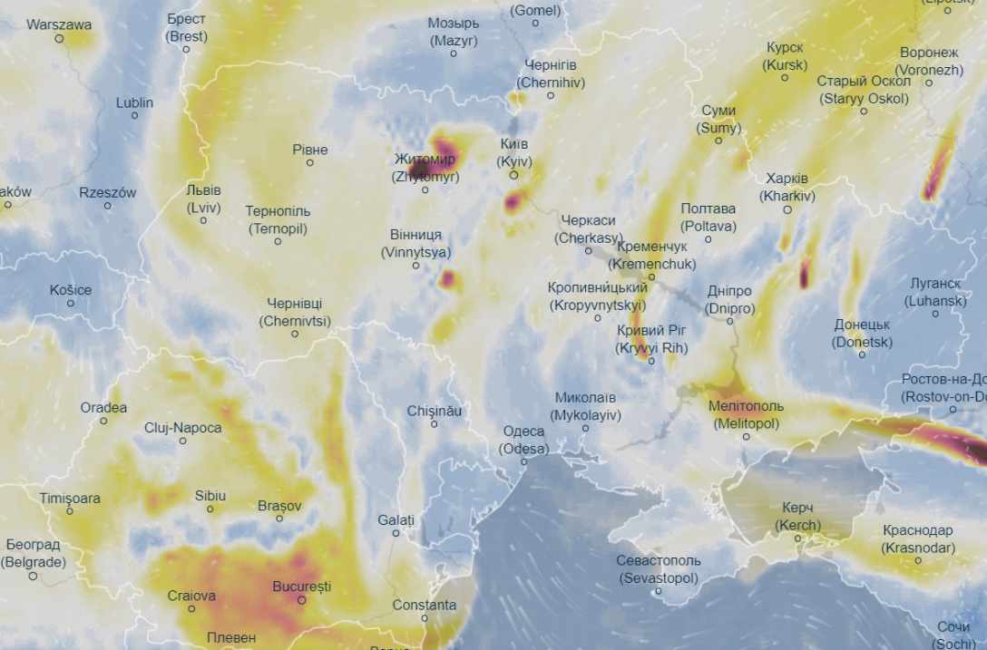 Ситуація з повітрям в Україні 2 березня по версії Ventusky