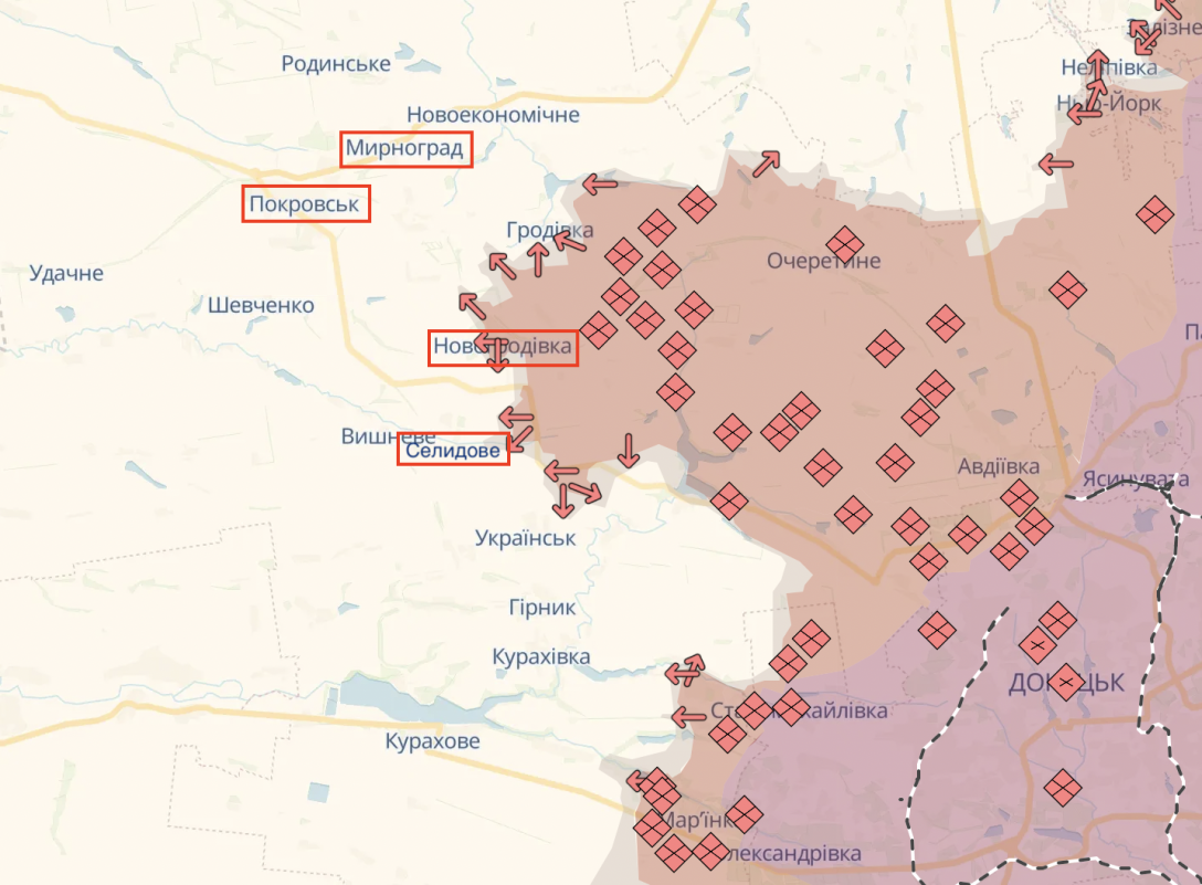 Покровськ, Мирноград, Селидове, Новогродівка, Покровський напрямок, карта бойових дій, Донецька область