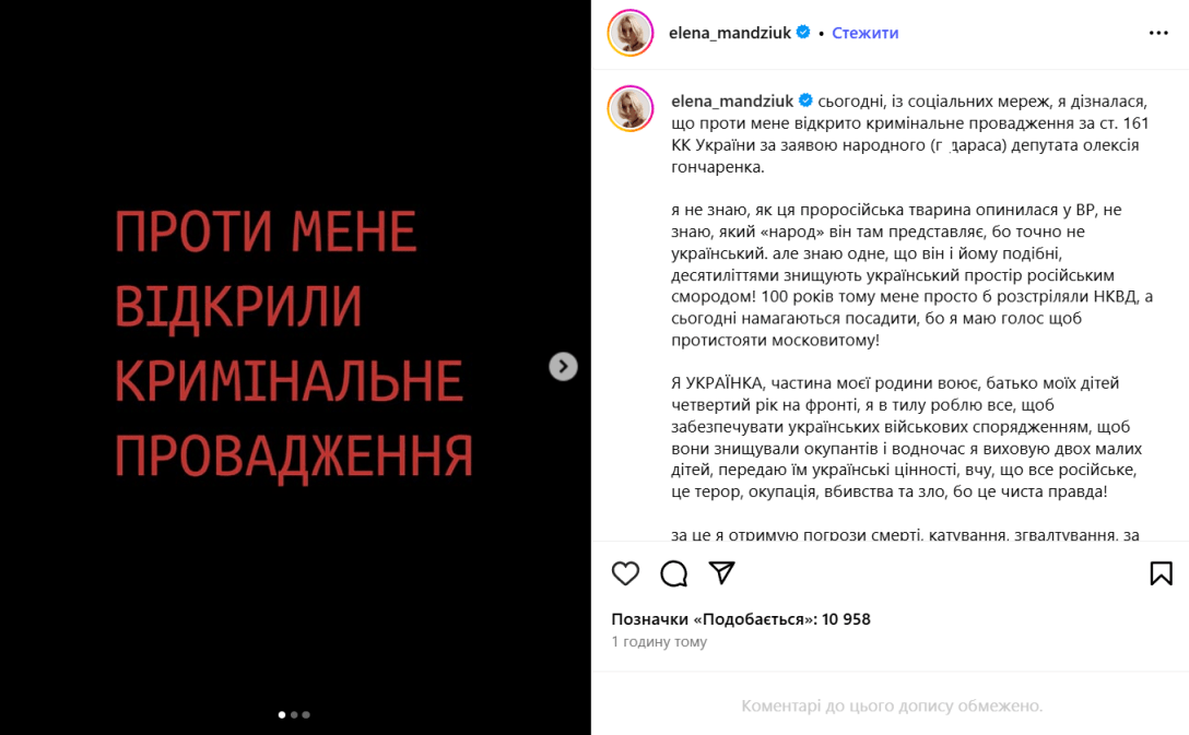 Елена Мандзюк отреагировала на уголовное дело против нее