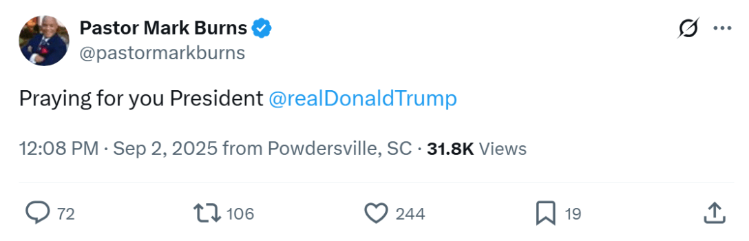 Пастор Марк Бернс молится за Дональда Трампа на фоне слухов о его смерти Пастор Марк Бернс молится за Дональда Трампа