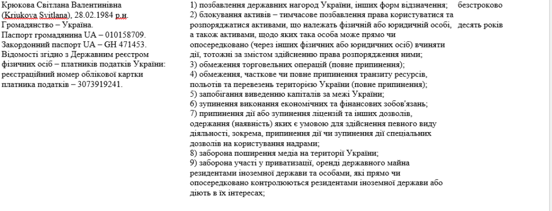 Санкцїі проти Світлани Крюкової