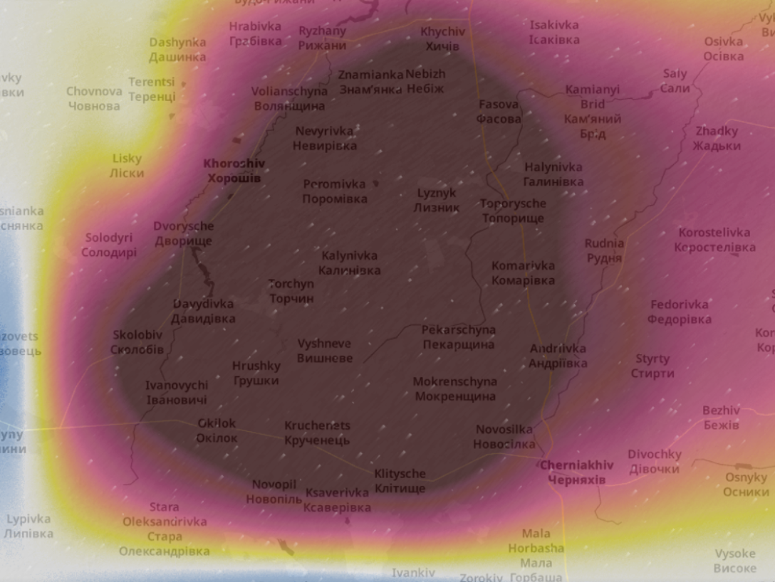 Ситуація з повітрям на Житомирщині 2 березня по версії Ventusky