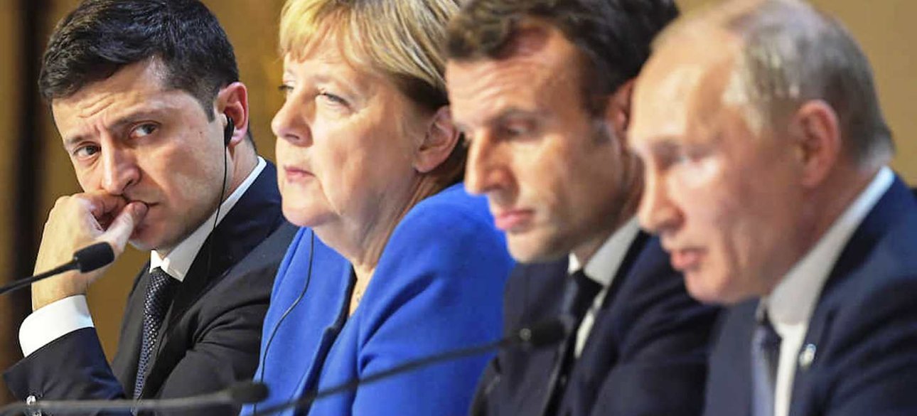 Володимир Зеленський, Володимир Путін, Ангела Меркель і Еммануель Макрон
