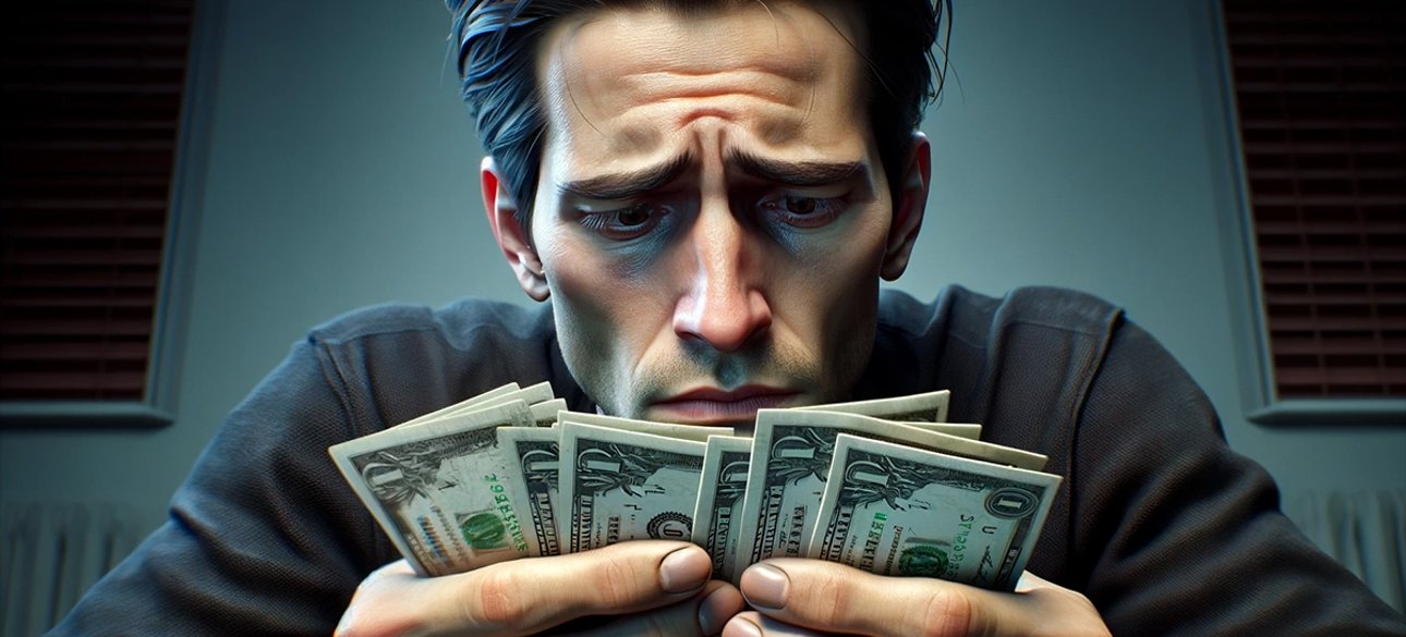 Мужчина считает последние доллары