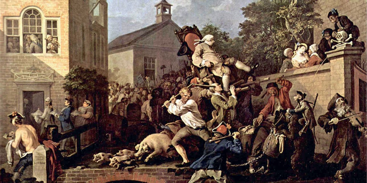 "Триумф избранных в парламент". Уильям Хогарт (1697–1764), английский художник