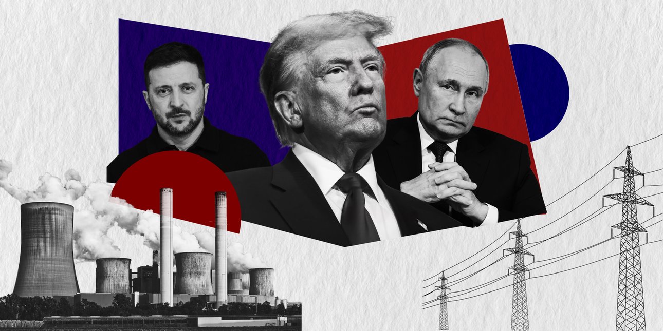 Коллаж с Трампом, Зеленским и Путиным на фоне нефтеперерабатывающего завода и линий электропередачи