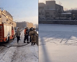 Пожарные в Петербурге смывали водой вытоптанное в канале Невы слово "Навальный" (видео)