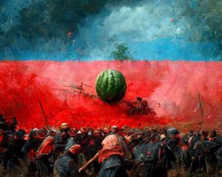 Гигантские арбузы разгромили ВС РФ: нейросеть MidJourney нарисовала битву за Херсон