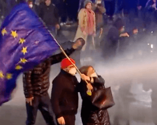 "Увійде в історію": мережу вразила відео жінки в Тбілісі з прапором ЄС проти водомета