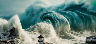 Цунами - гигантская волна накатывает на берег