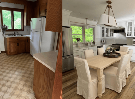 Сравнение кухни до ремонта с деревянными шкафами и кухни после переделки в светлых тонах