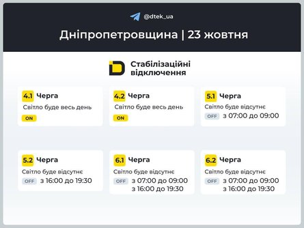 Графики отключения света на Днепропетровщине