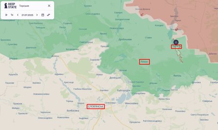 Линия боев в 2 км от Торского по состоянию на 21 июля 2025 года