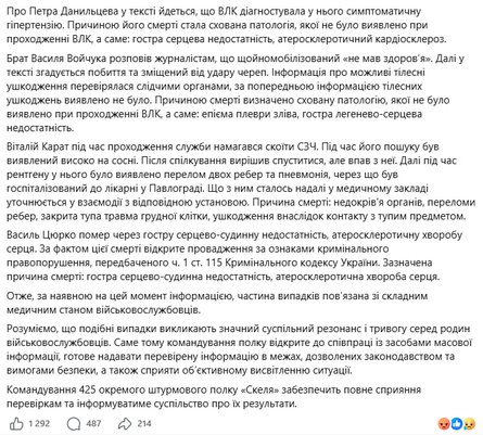 Публікація 425 окремого штурмового полку "Скеля" у Facebook