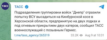 Бои на юге, Кинбурская коса, бой, стрельба, 9 августа, ТАСС, лодки, десант