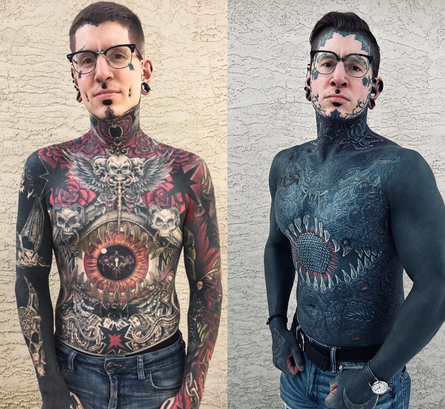 Чоловік покрив своє тіло татуюваннями з ніг до голови, пірсинг, модифікації зовнішності, дивний зовнішній вигляд, фото, курйози