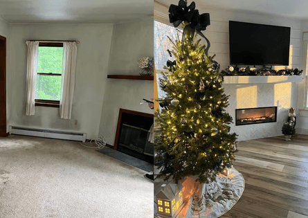 Сравнение гостиной до ремонта с ковролином и после переделки с камином и рождественской елкой