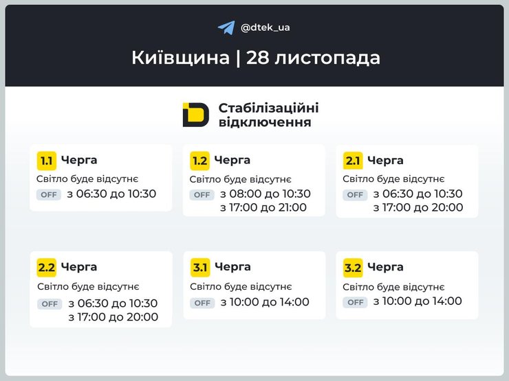 Графіки відключень електроенергії в Київській області на 28 листопада