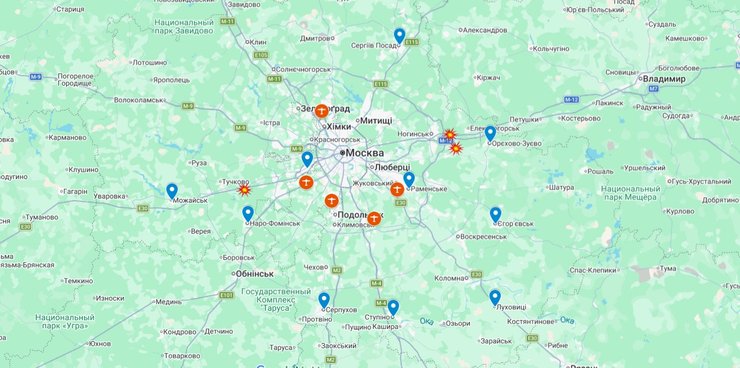 карта з точками, де помітили дрони ЗСУ під Москвою 3 вересня