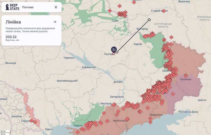 Карта, на которой обозначена Полтава и расстояние до Белгорода
