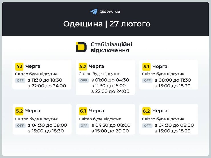 одесская область графики отключения света 27 февраля