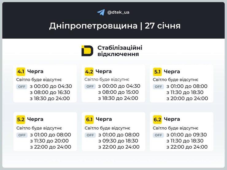 графики отключений света 27 января Днепропетровщина
