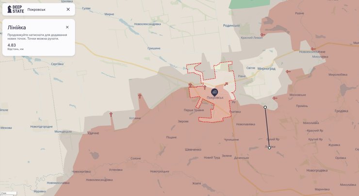 Карта лінії фронту у Покровську станом на 8 грудня, DeepState