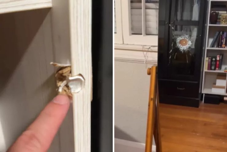 Мужчина увернулся от случайной пули, выстрел, стрельба, пуля попала в зеркало, шальная пуля, книжный шкаф, случайная пуля попала в дом