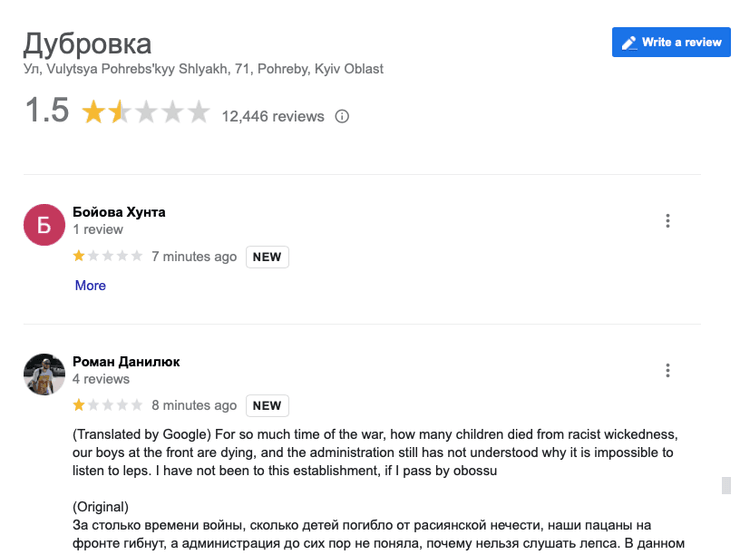 Рейтинг кафе "Дубрівка" в Google