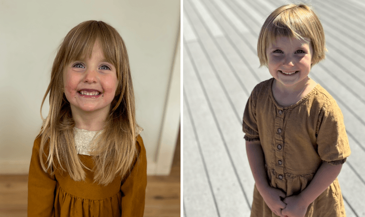 Дівчинка з довгим світлим волоссям до стрижки і з короткою стрижкою після