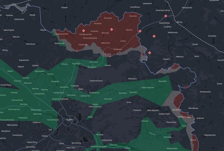 Карта DeepState із позначенням лінії фронту та кордону Росії з Сумською областю