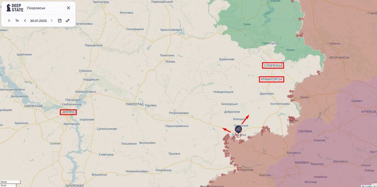 Наступление на Днепр, Покровск, Днепр, Краматорск, карта, Reuters, 31 января