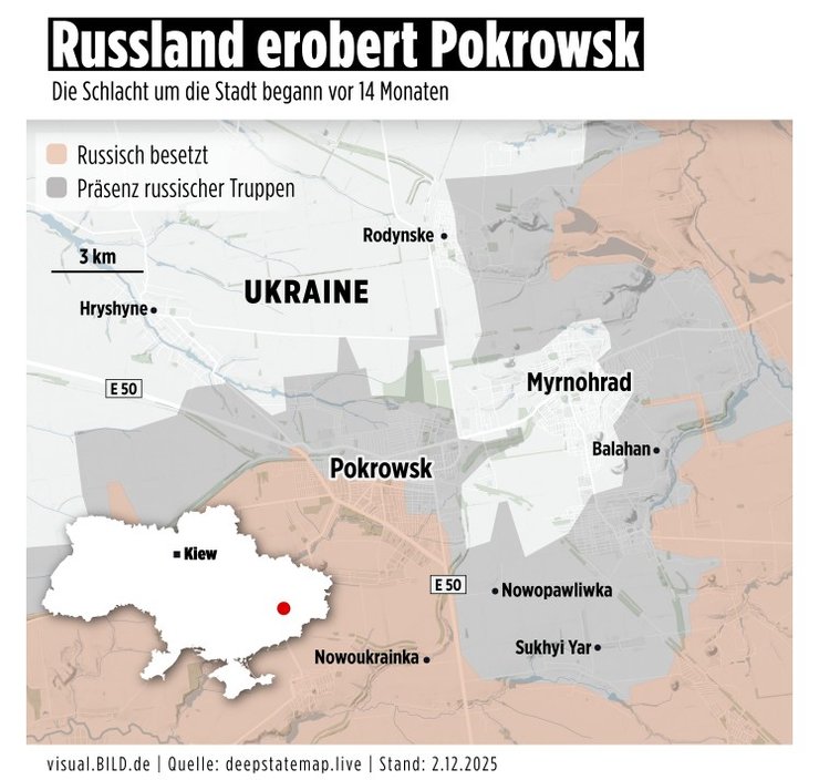 Карта відтинку Покровськ-Мирноград 2 грудня від Bild та Юліана Рьопке