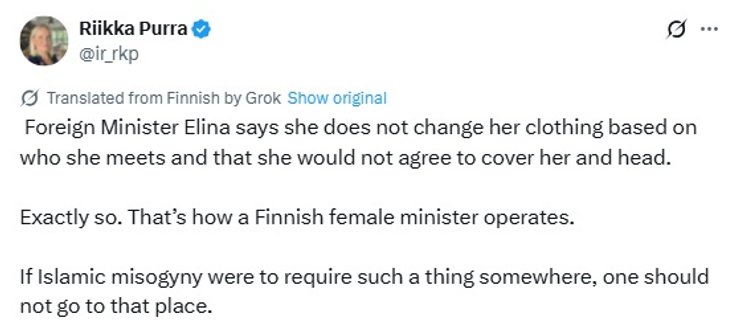 министр финансов Риикка Пурра отреагировала на цензуру в Иране