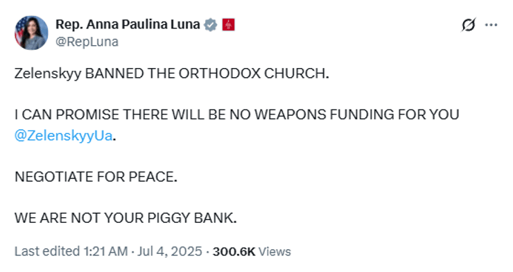 Анна Паулина Луна заявила о запрете православной церкви в Украине