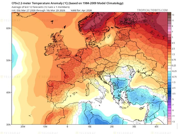 Прогноз средней температурной аномалии на территории Европы в апреле 2026 года по данным численной модели CFS