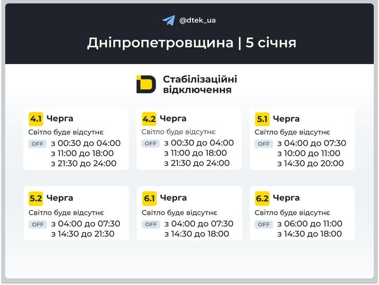 Графики отключений света 5 января в Днепропетровской области