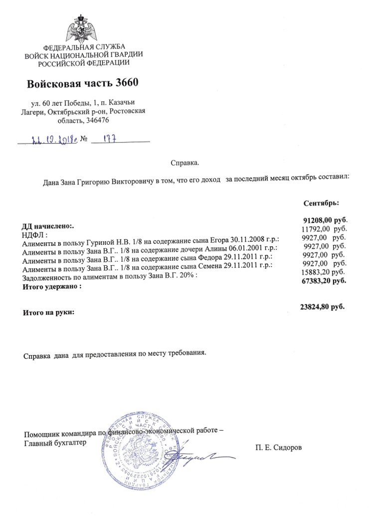 Григорій Зана, аліменти