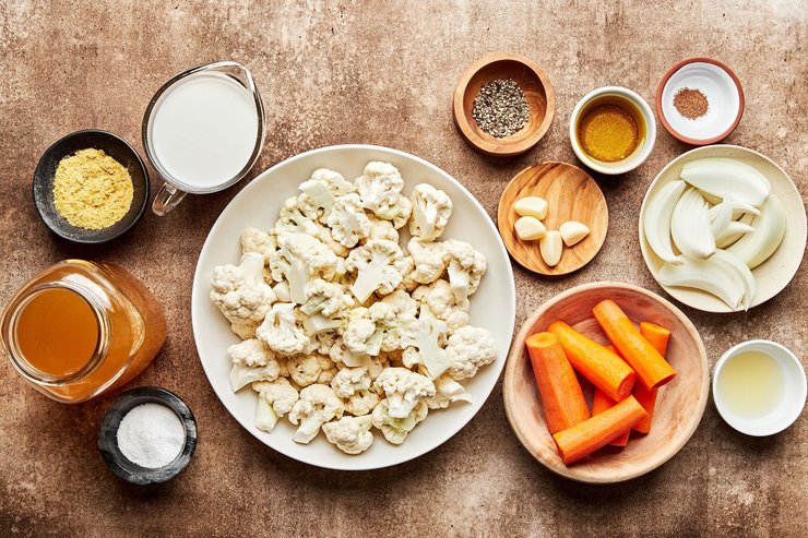 продукты, цветная капуста, морковь, приправы