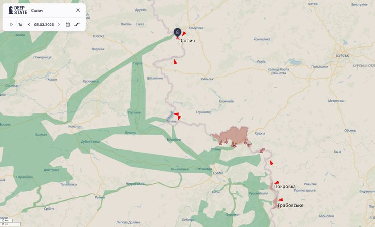 Карта наступу РФ в Сумській області, 6 березня, DeepState