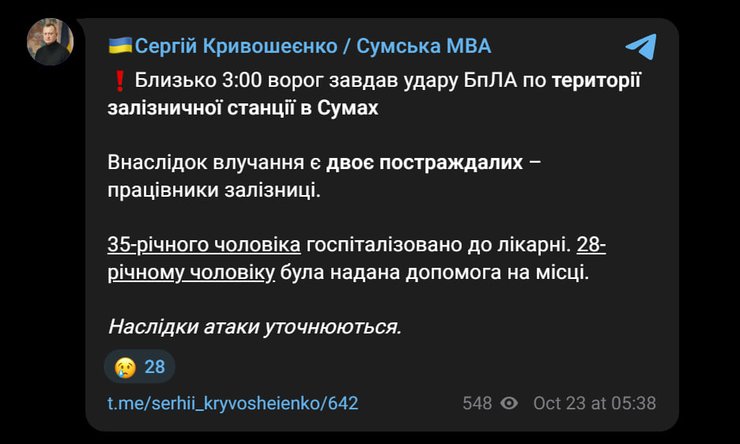 Скриншот публикации Сергея Кривошеенко в Telegram